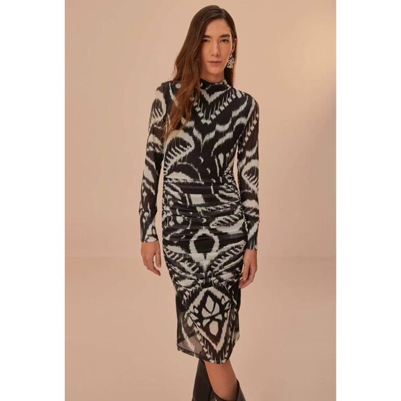 NWT Farm Rio Pineapple Ikat Tulle Midi Dress Long Sleeves Size S Black and White - Picture 2 of 15